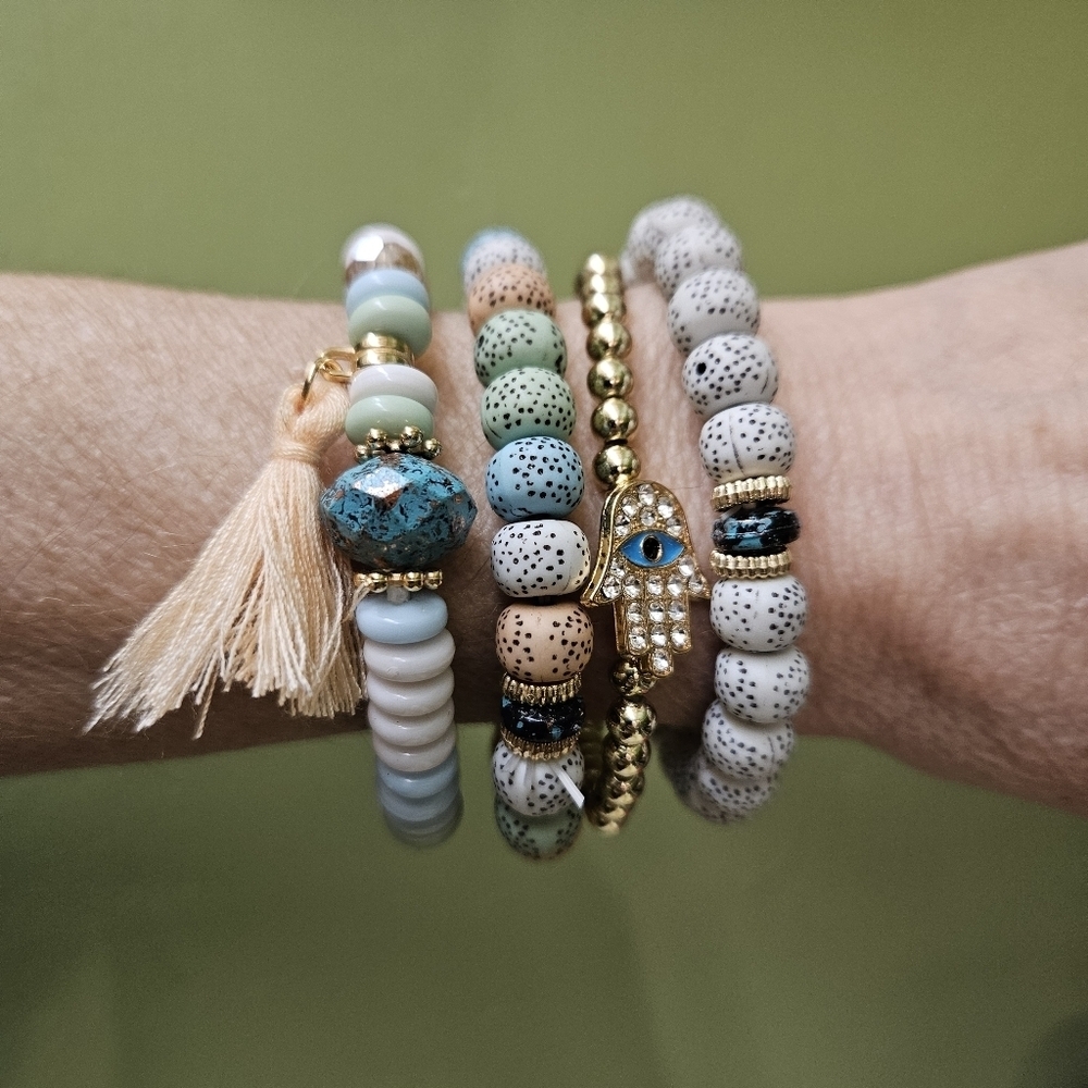 Hamsa Hand Evil Eye Layered Beaded Bracelet Pastel Tassel - Picture 6 of 9